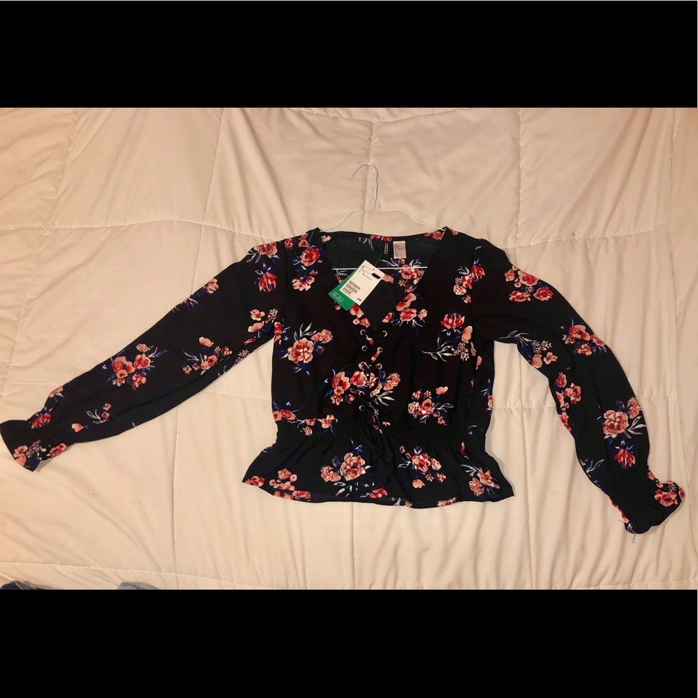 H&M Black Floral Long Sleeve Top
